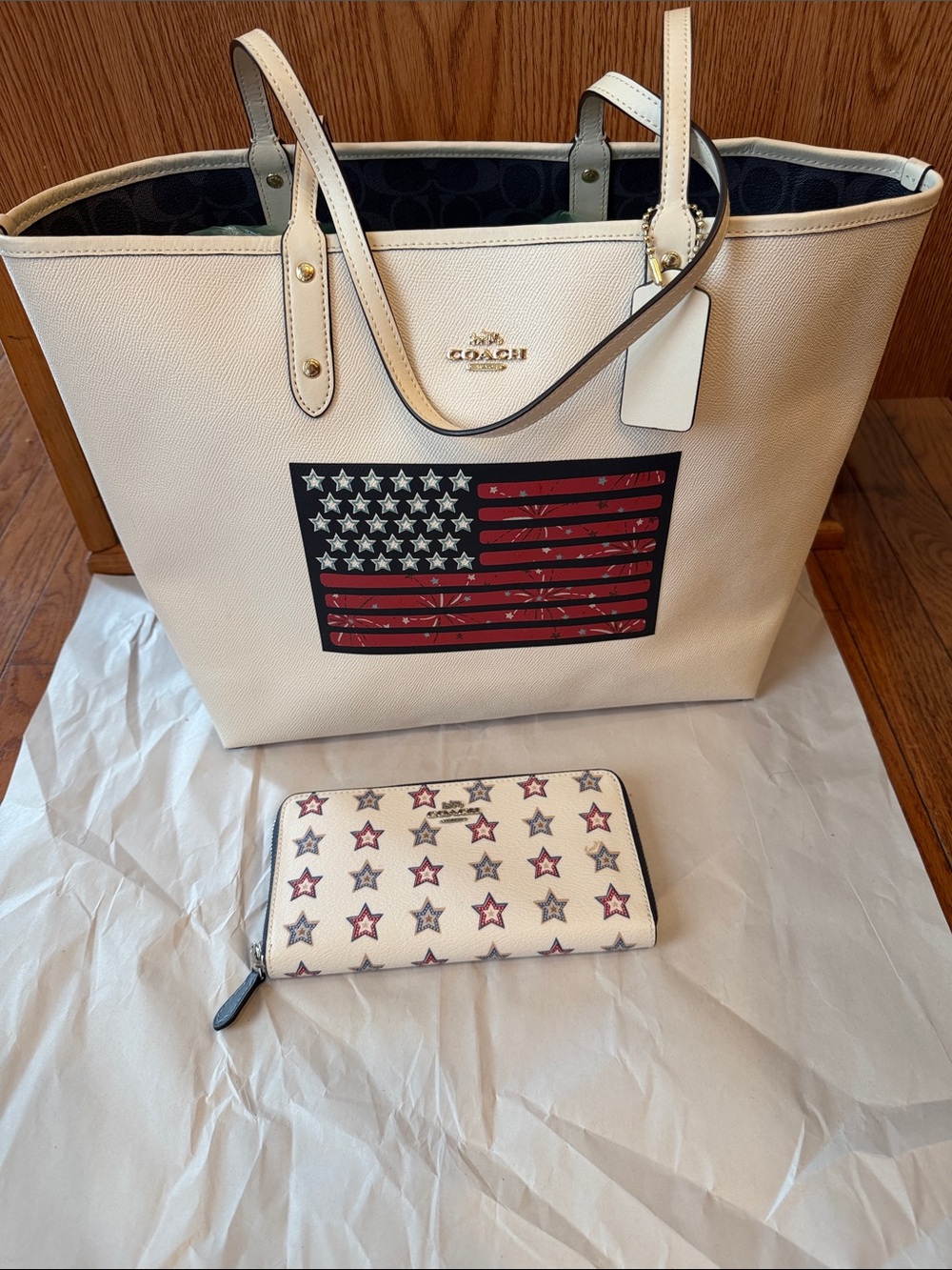 Coach White Leather Tote with Red, Blue Flag Motif and Matching Star Wallet